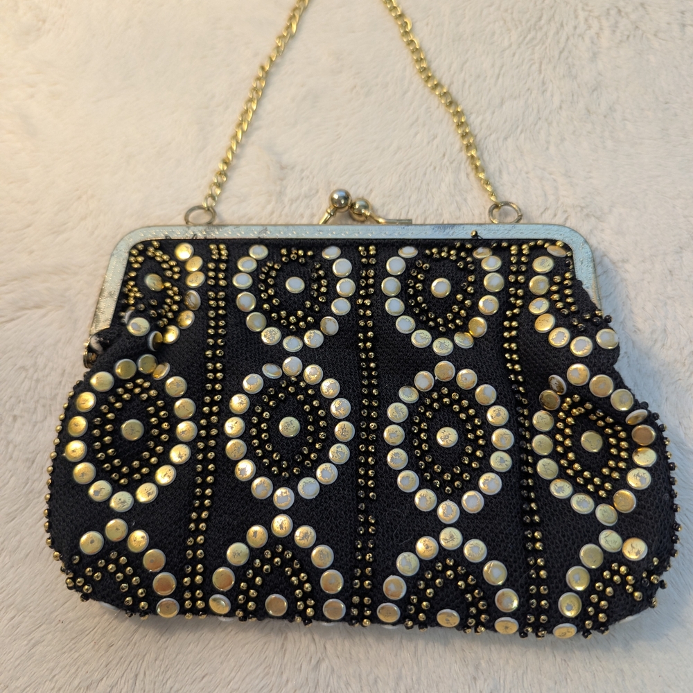 1950s Gold And Black Studded Evening Party- Clasp Purse/Vintage - Picture 2 of 12
